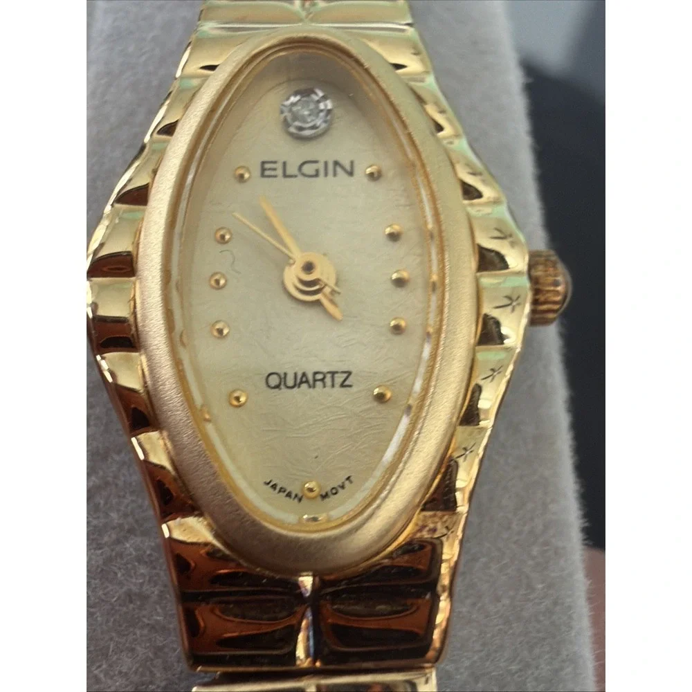Vintage Elgin Diamond Ladies Watch Oval Textured Dial Gold Tone Stretch Band NEW